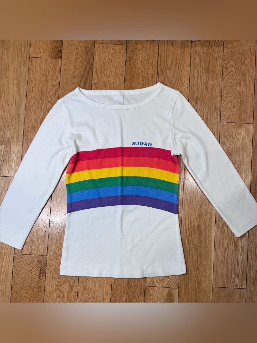 Retro Vintage Long-Sleeve Top with Rainbow Stripe - Hawaii Graphic